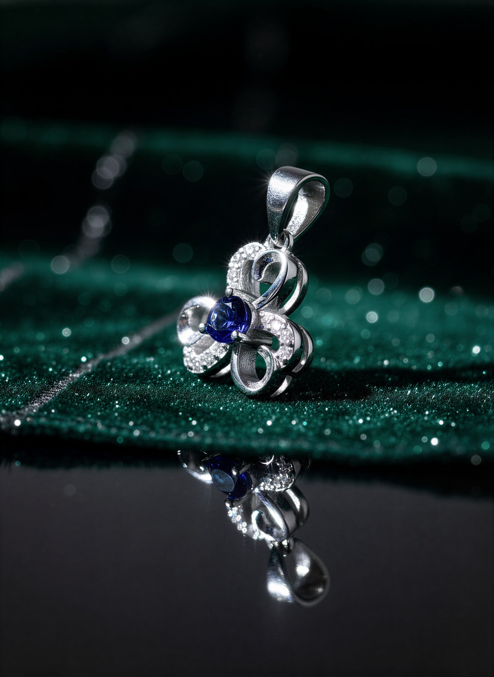 Floral Pendant with Blue Sapphire-Tone Stone-925 Sterling Silver