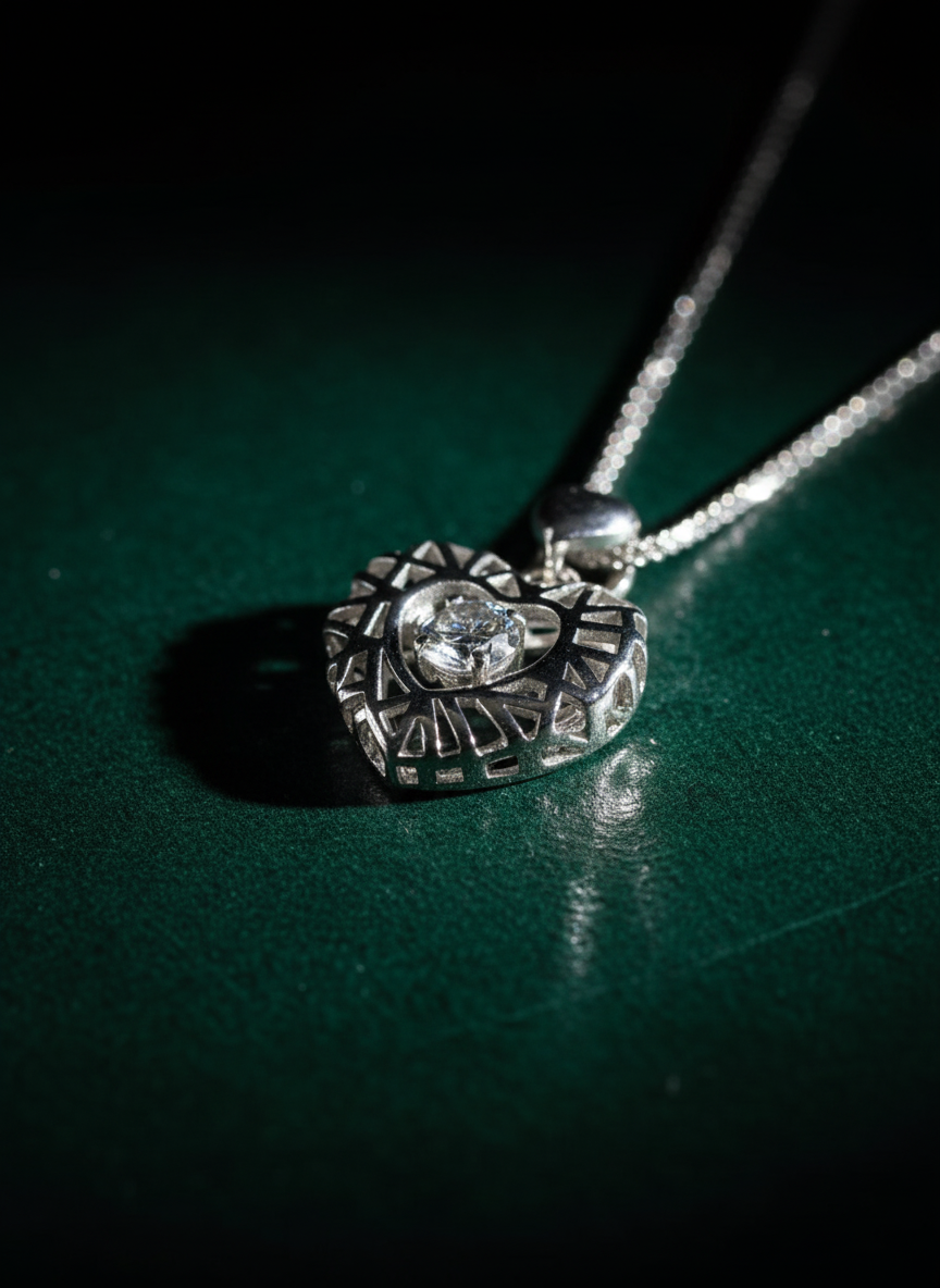 Heart Pendant Necklace with Brilliant Center Crystal – Elegant Cutout Design-925 Sterling Silver