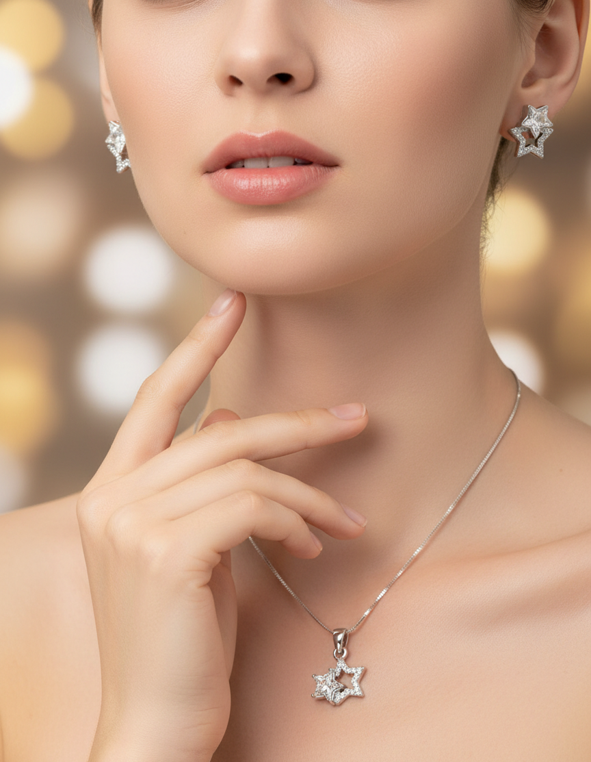 Star Pendant with Tops Set | Sparkling Zircon Star Jewellery for Women 925 Sterling Silver