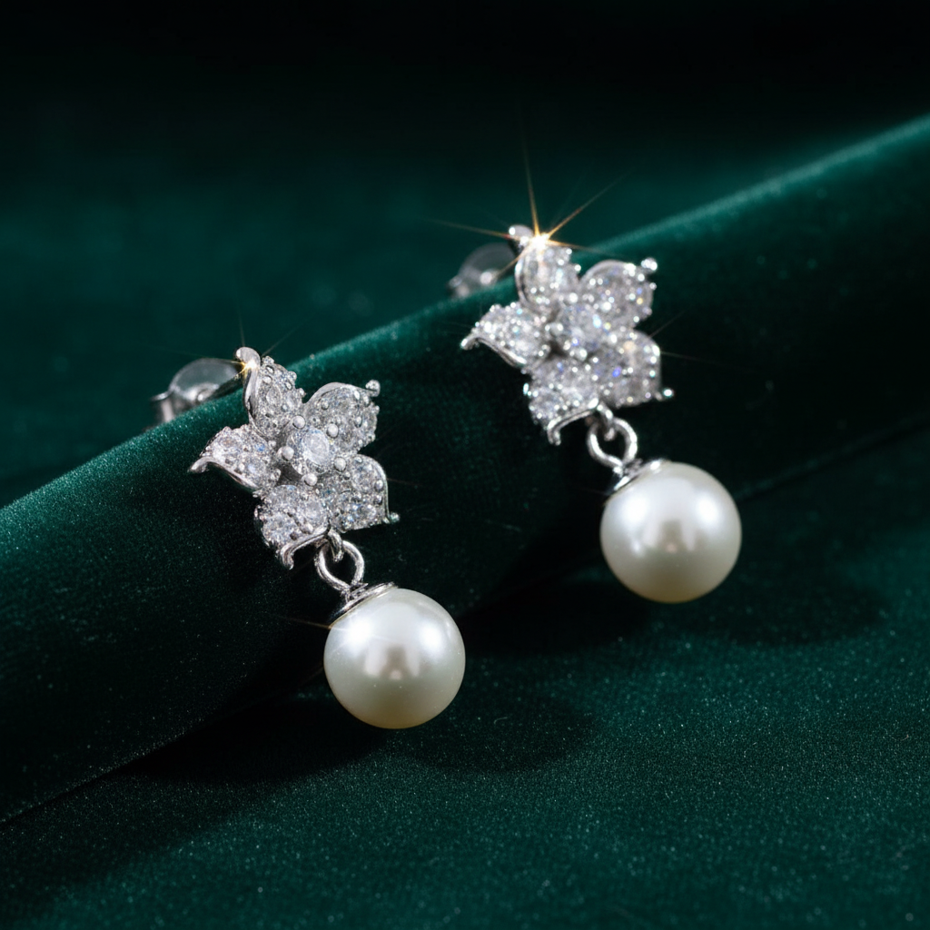 Close-up of pearl earrings on emerald velvet
