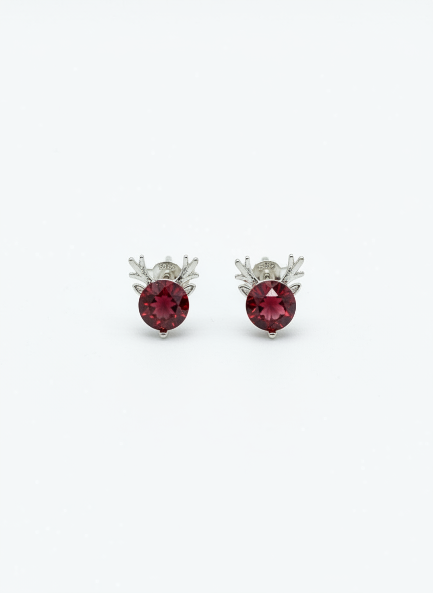 Festive Silver Reindeer Earrings - 925 Sterling Silver with Red Gemstone