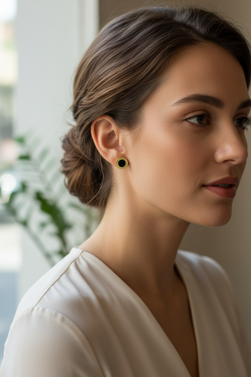 Woman wearing gold-rimmed black enamel stud earrings lifestyle shot