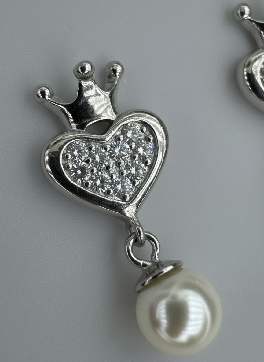 Crown Heart Pearl Drop Earrings - 925 Sterling Silver