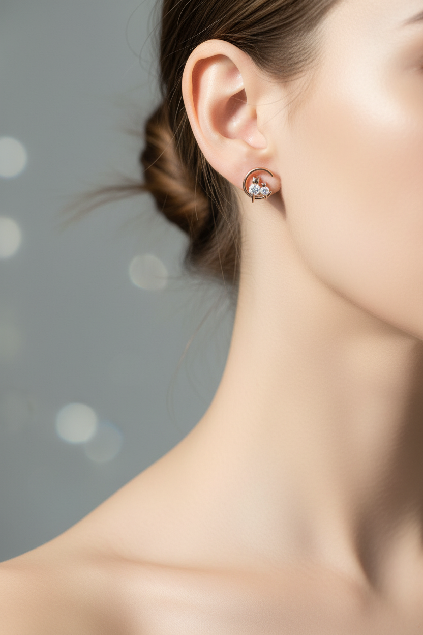 Crescent moon earrings worn on model