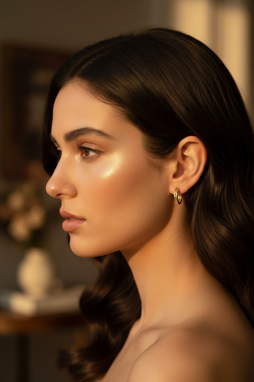 Model wearing 925 silver gold polished Roman numeral hoop earrings