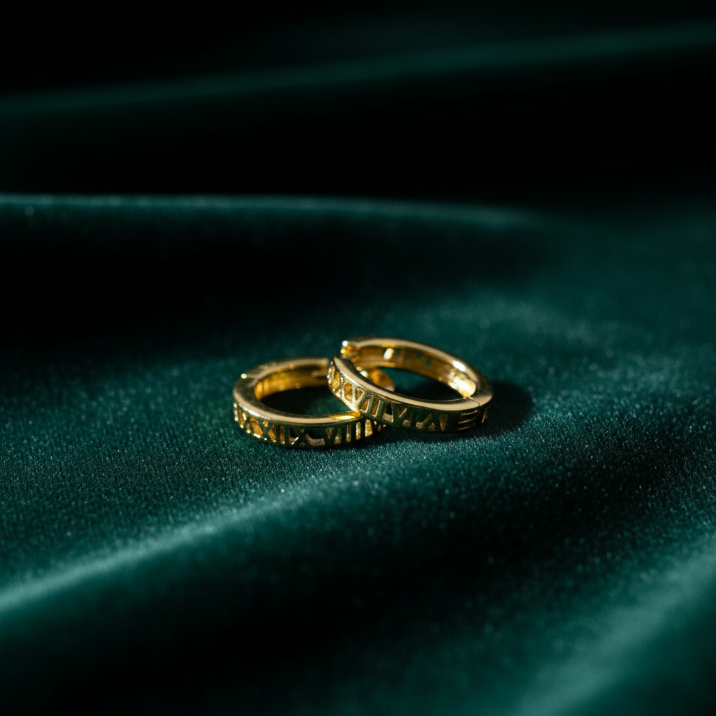 925 silver Roman numeral hoop earrings with gold polish on dark green velvet