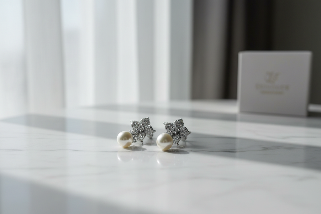 Pearl earrings on white marble with natural light