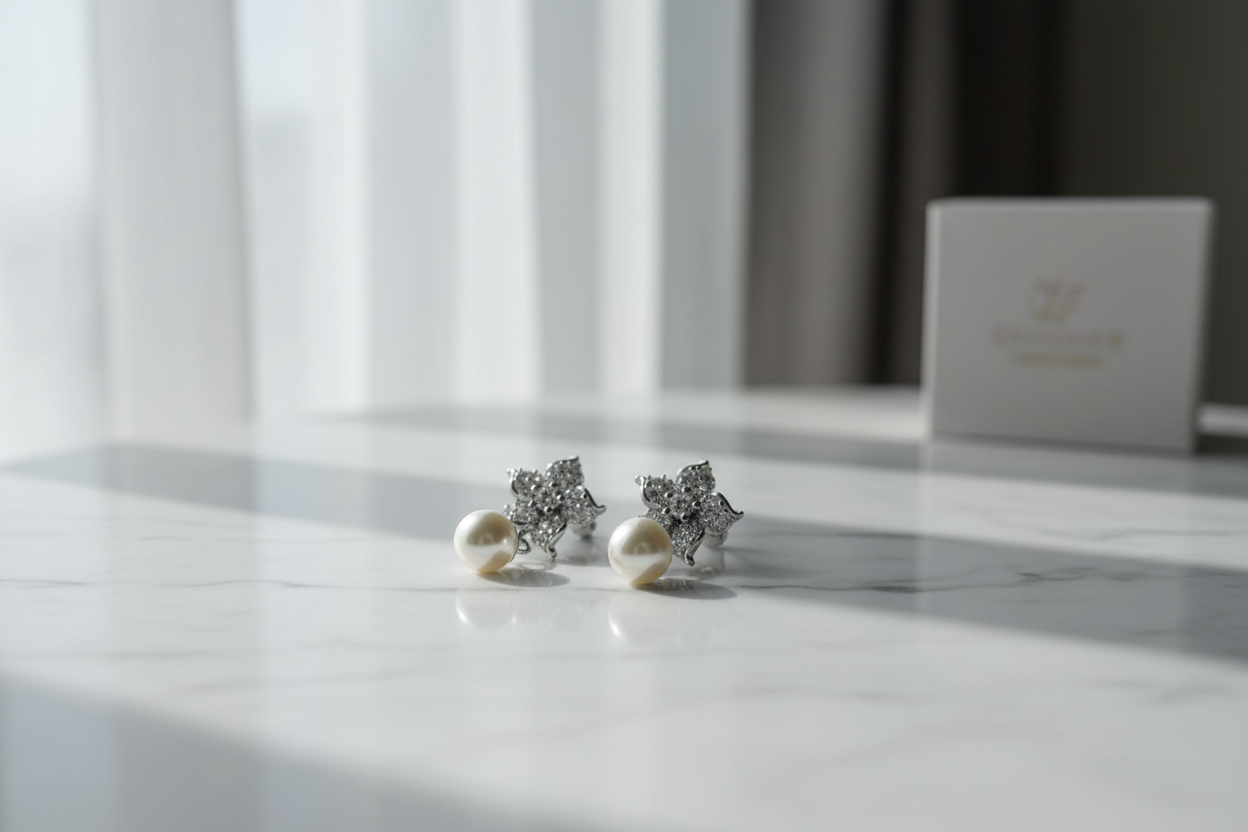 Pearl earrings on white marble with natural light