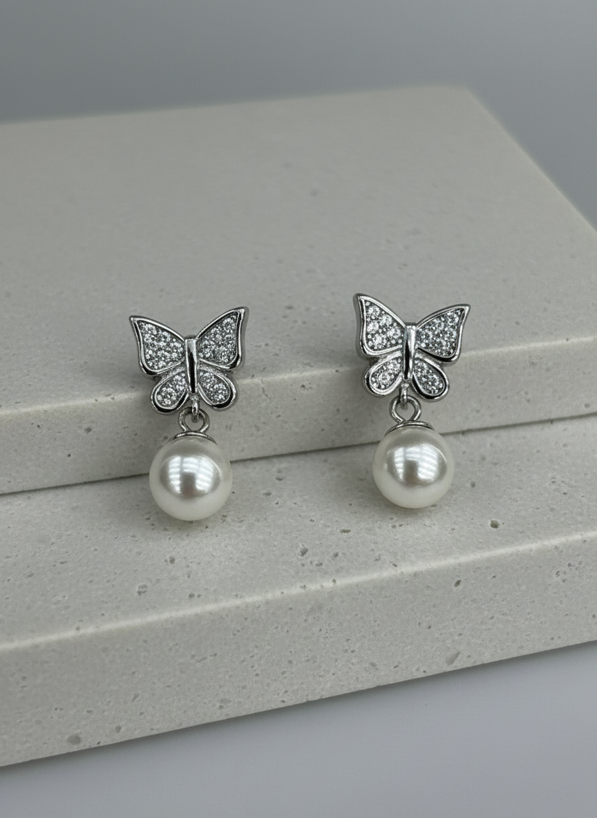 Silver Butterfly Pearl Drop Earrings-925 Sterling Silver