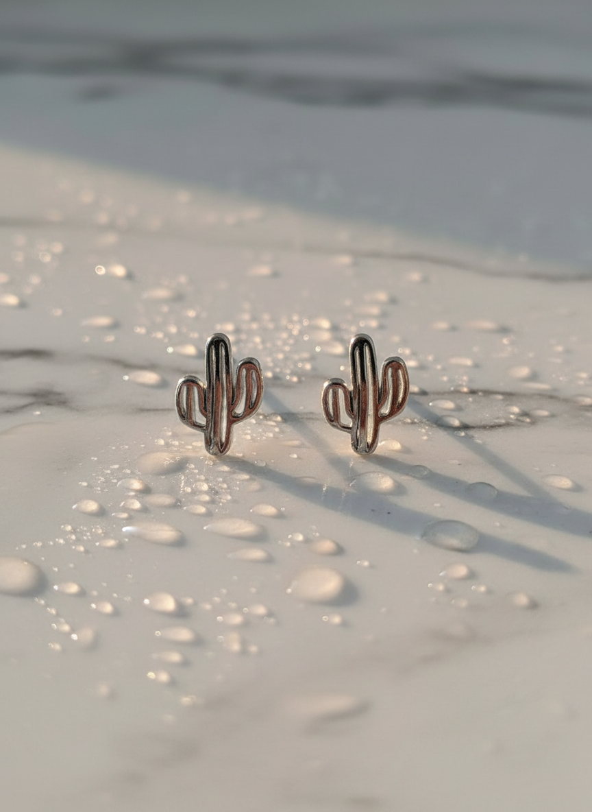 Silver Cactus Stud Earrings - Minimalist Desert Charm-925 Sterling Silver