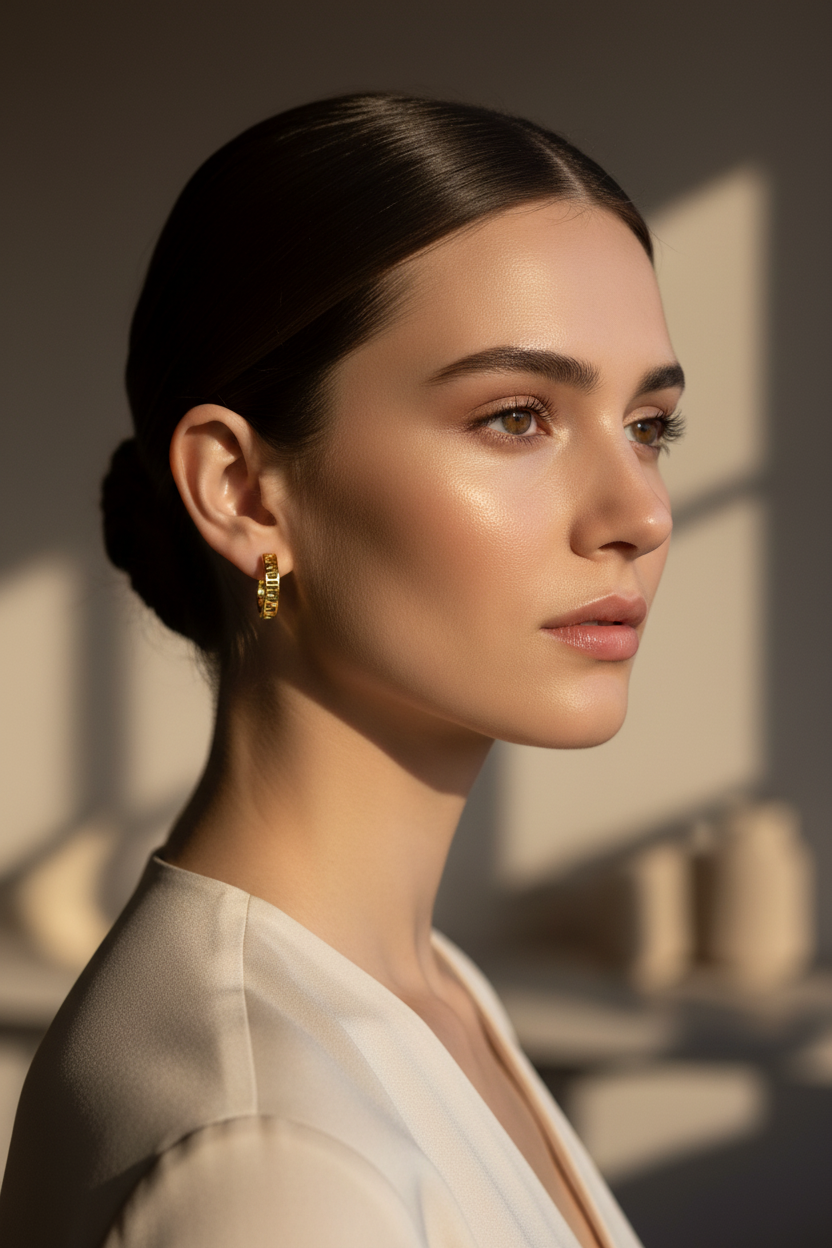 Lifestyle shot of model wearing 925 silver gold polished Roman numeral earrings
