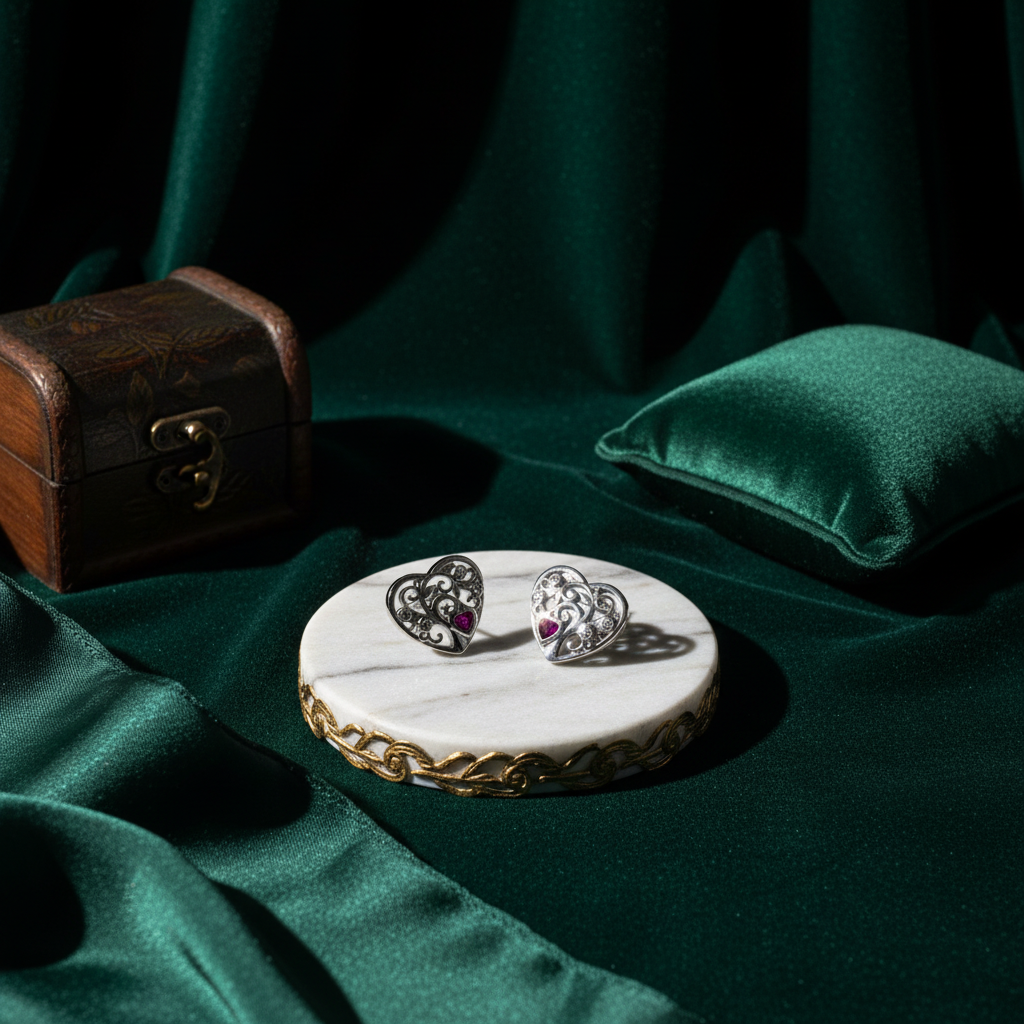 Filigree Heart Silver Earrings with Ruby
