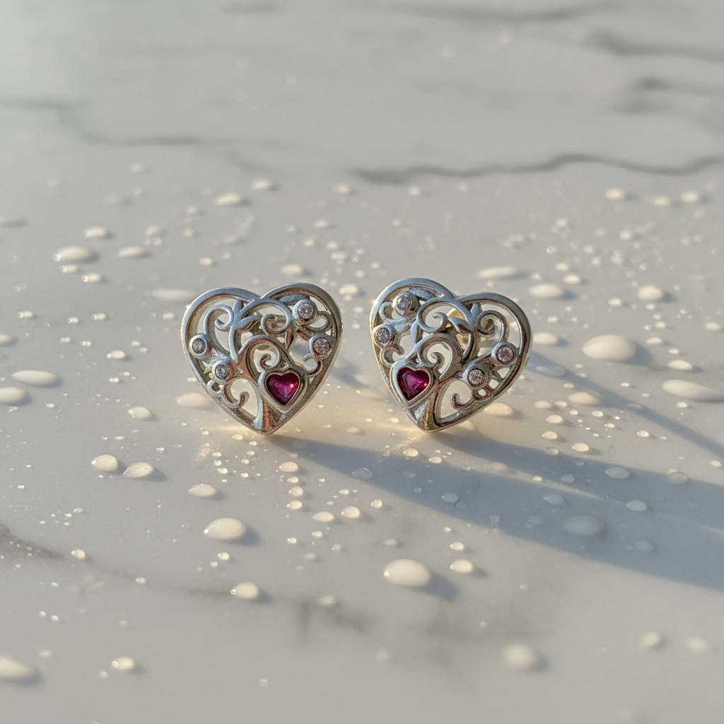 Filigree Heart Silver Earrings with Ruby