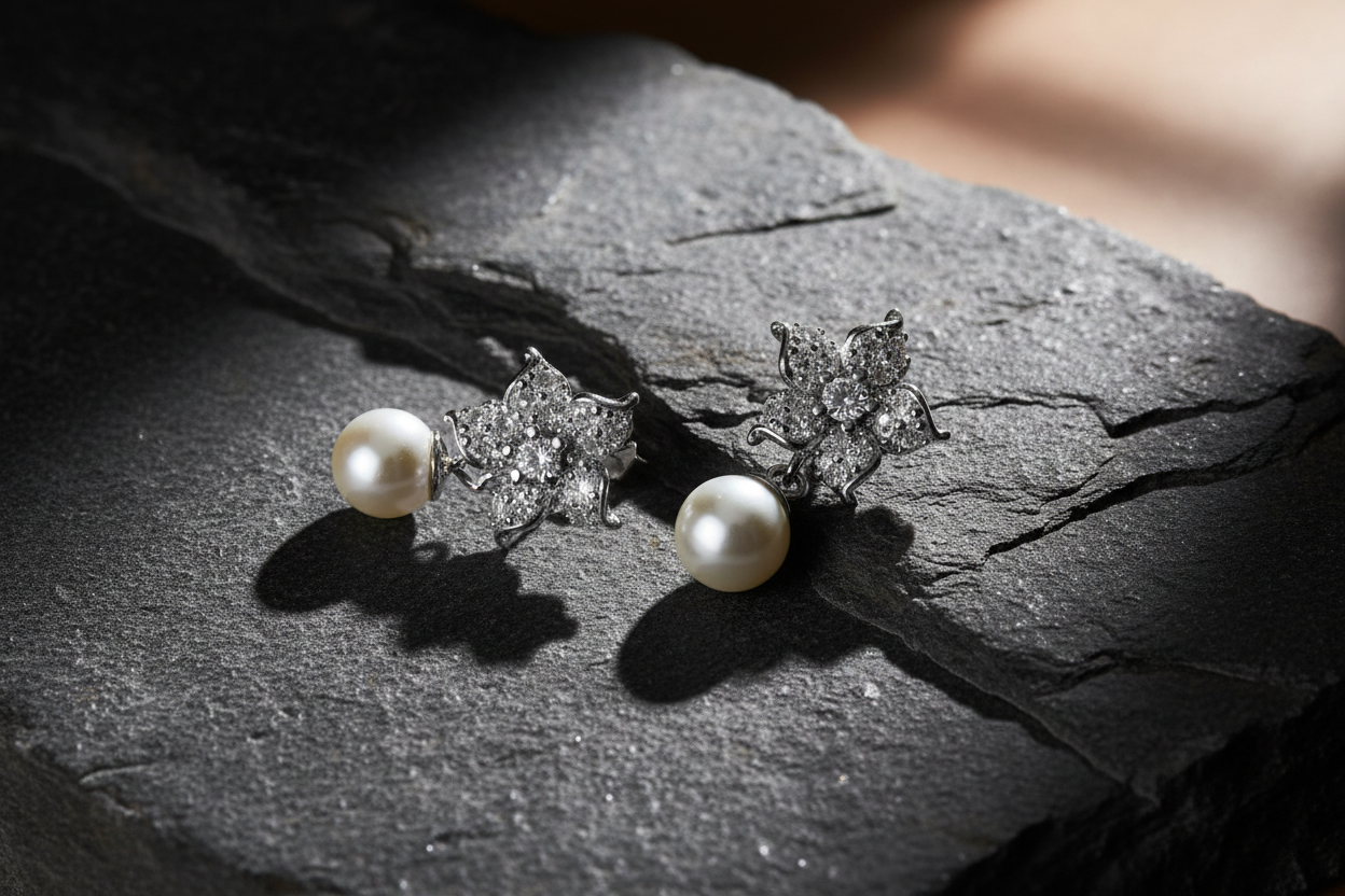 Editorial style pearl earrings on textured stone