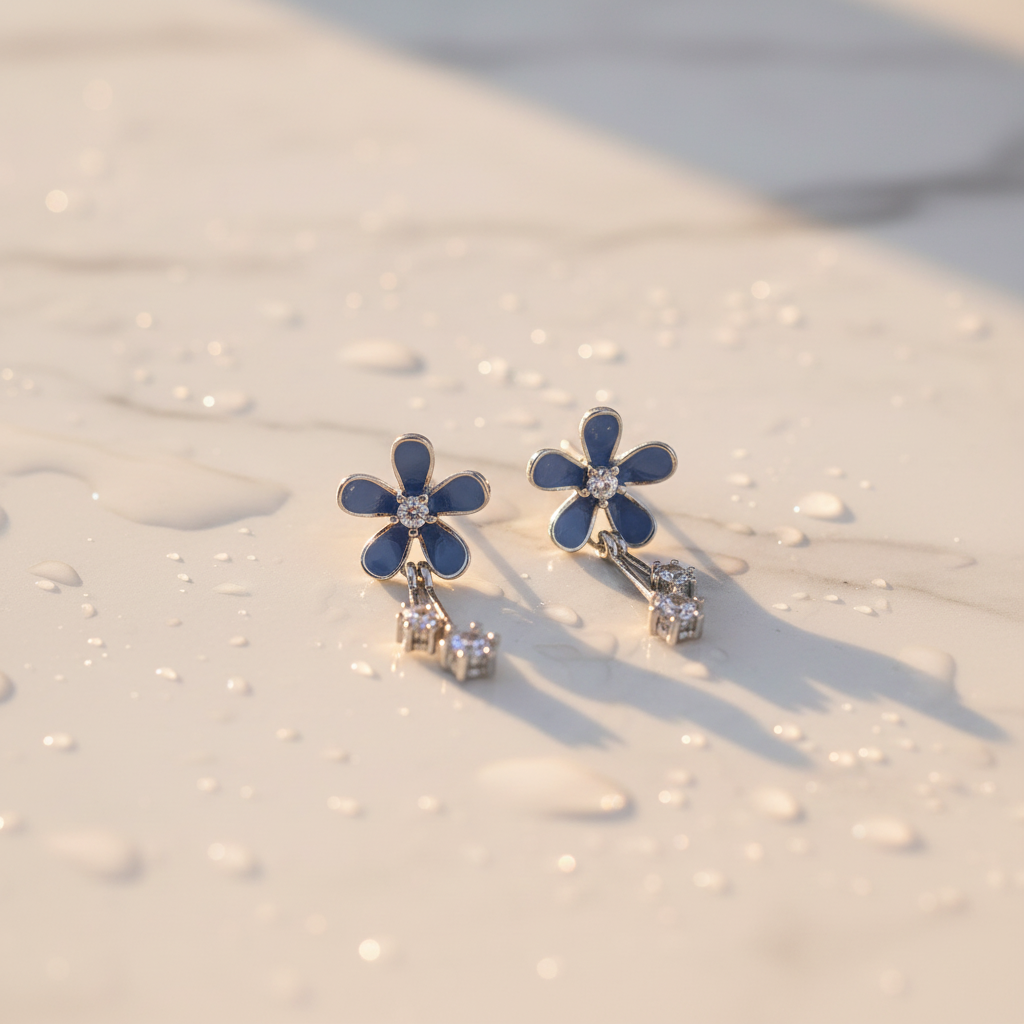 Blue Flower Drop Earrings - Silver 925