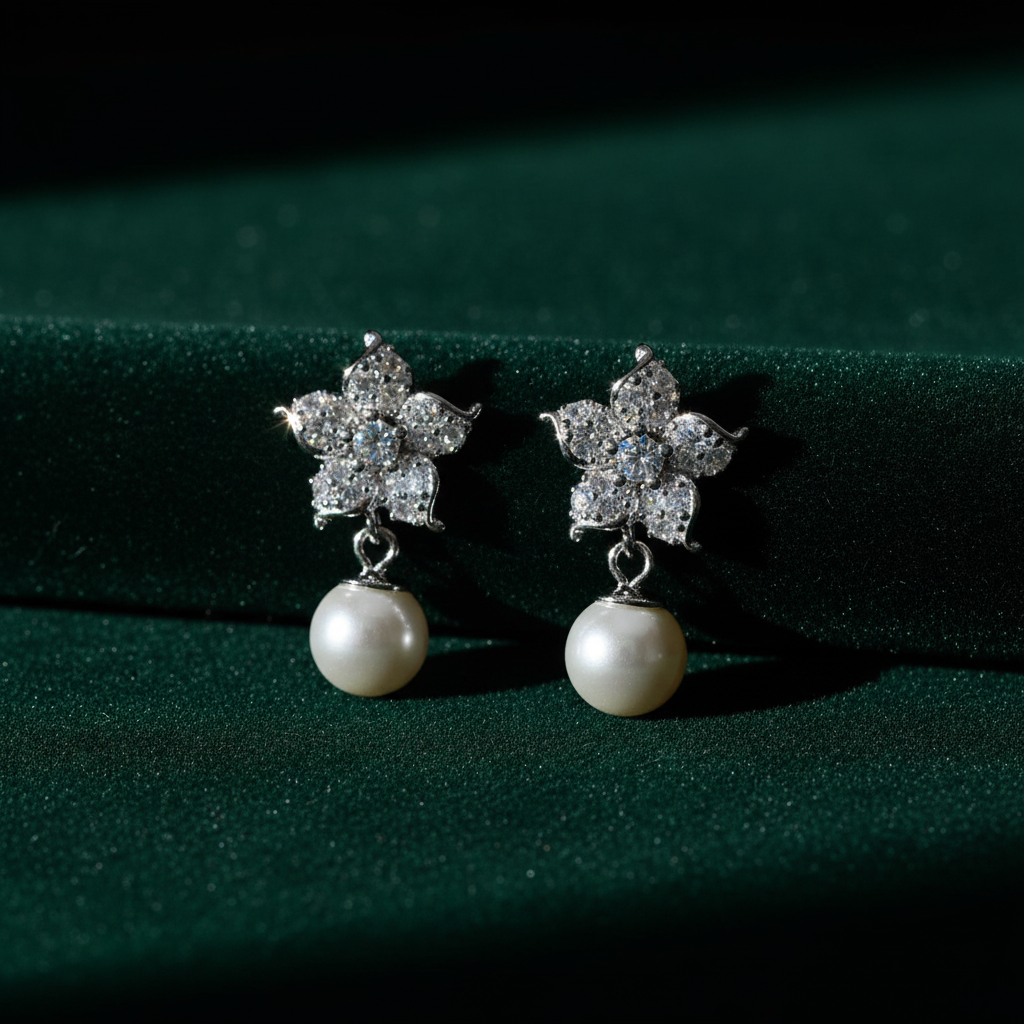 Pearl earrings on dark green velvet with dramatic lighting