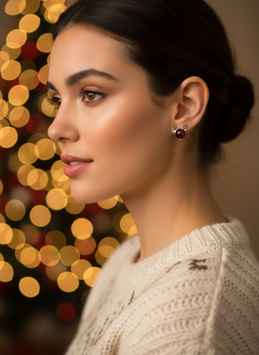 Festive Silver Reindeer Earrings - 925 Sterling Silver with Red Gemstone