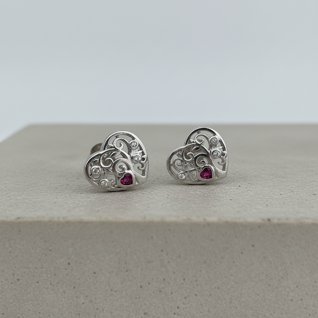 Filigree Heart Silver Earrings with Ruby