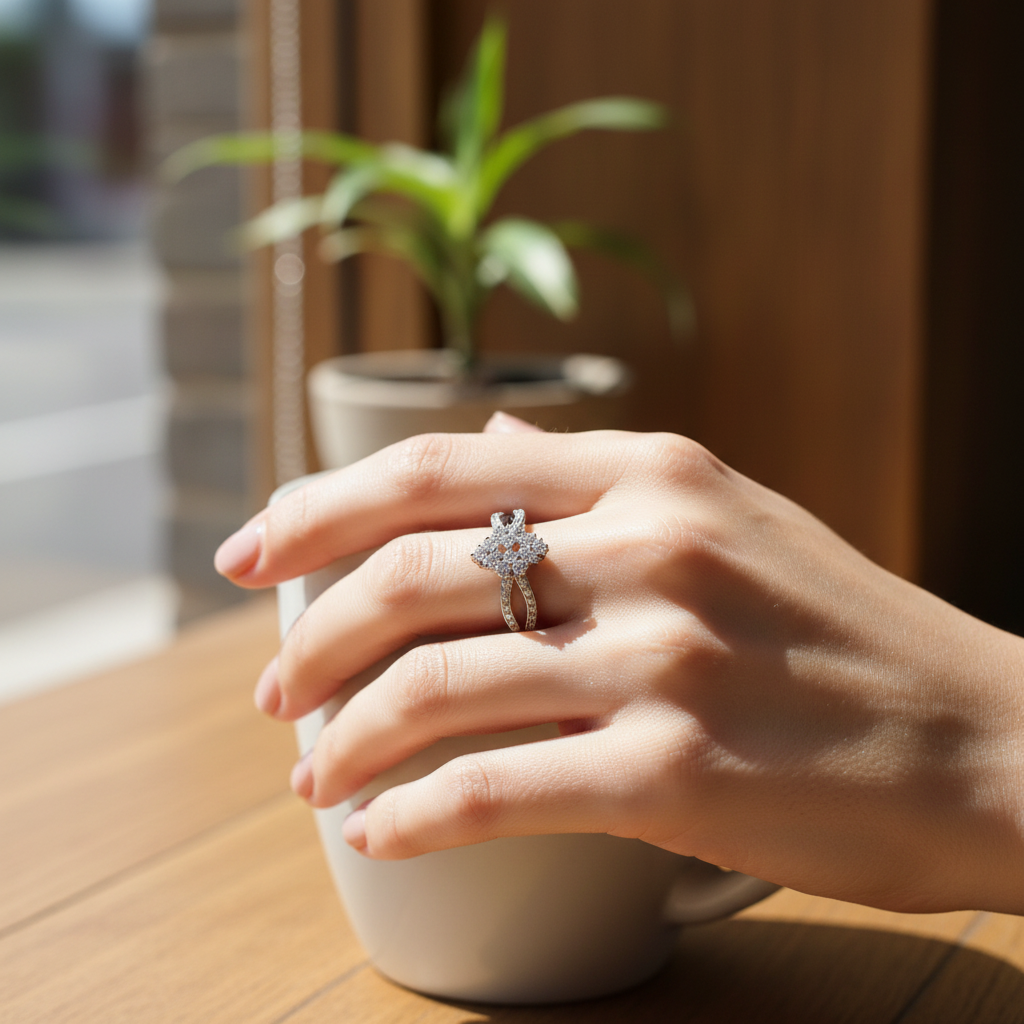 Lifestyle image - elegant silver ring worn on hand