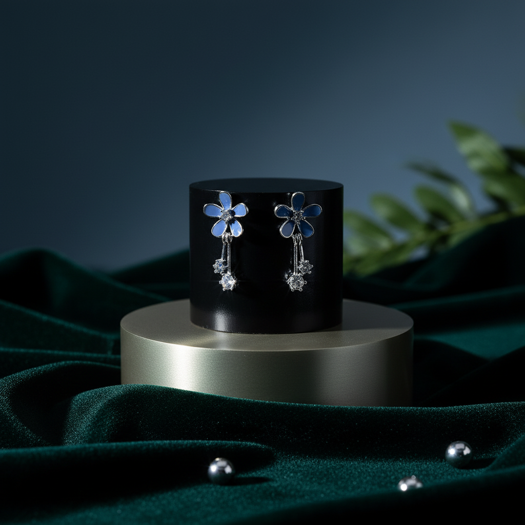 Blue Flower Drop Earrings - Silver 925