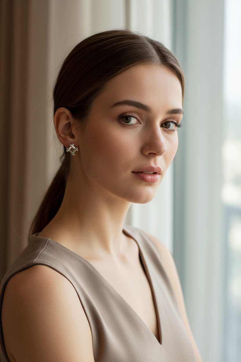 Silver 925 geometric earrings lifestyle model shot