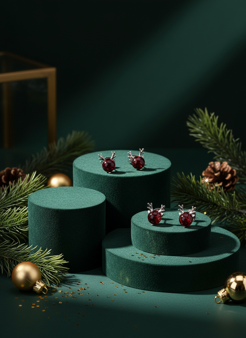 Festive Silver Reindeer Earrings - 925 Sterling Silver with Red Gemstone