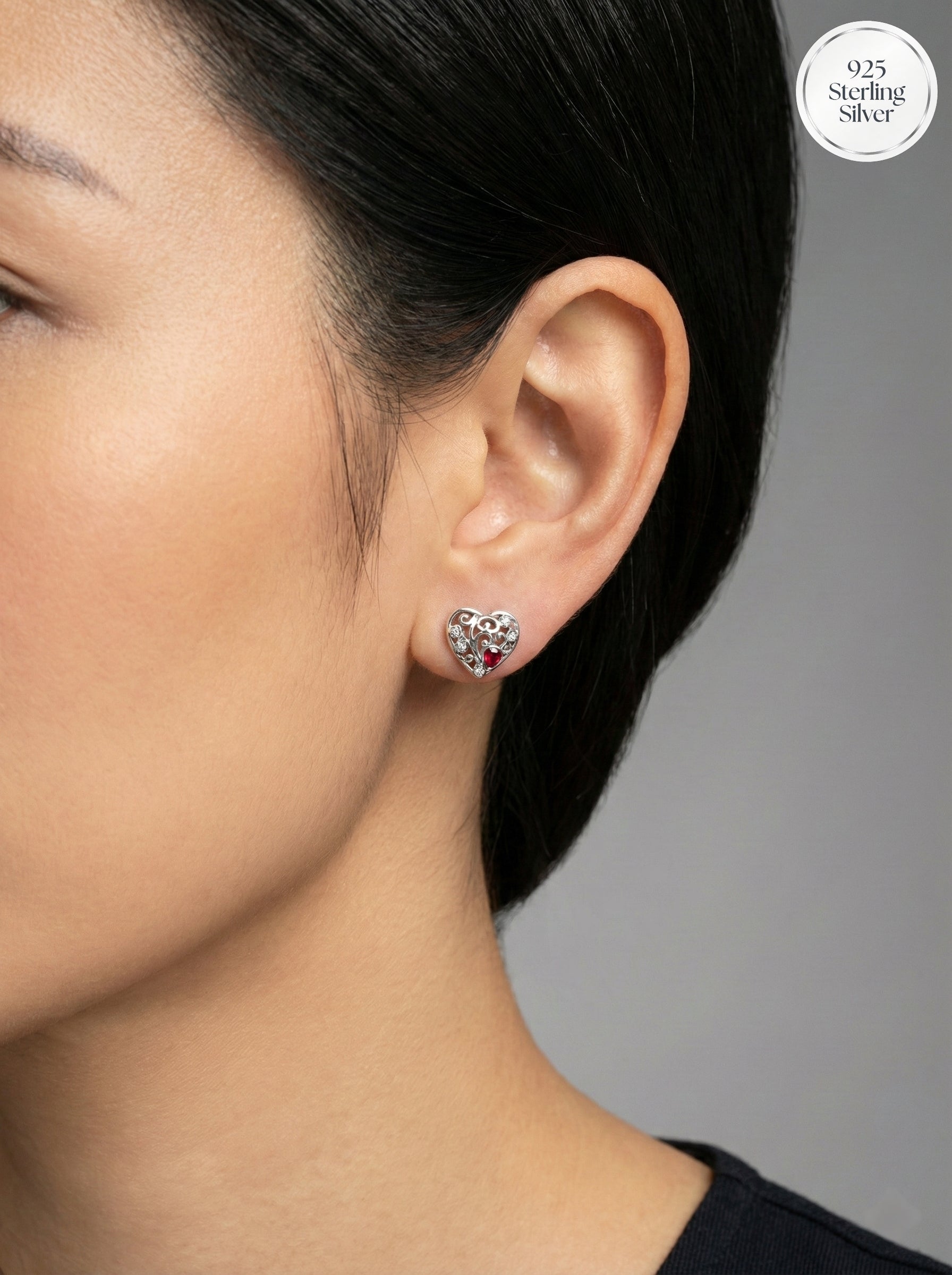 Filigree Heart Silver Earrings with Ruby