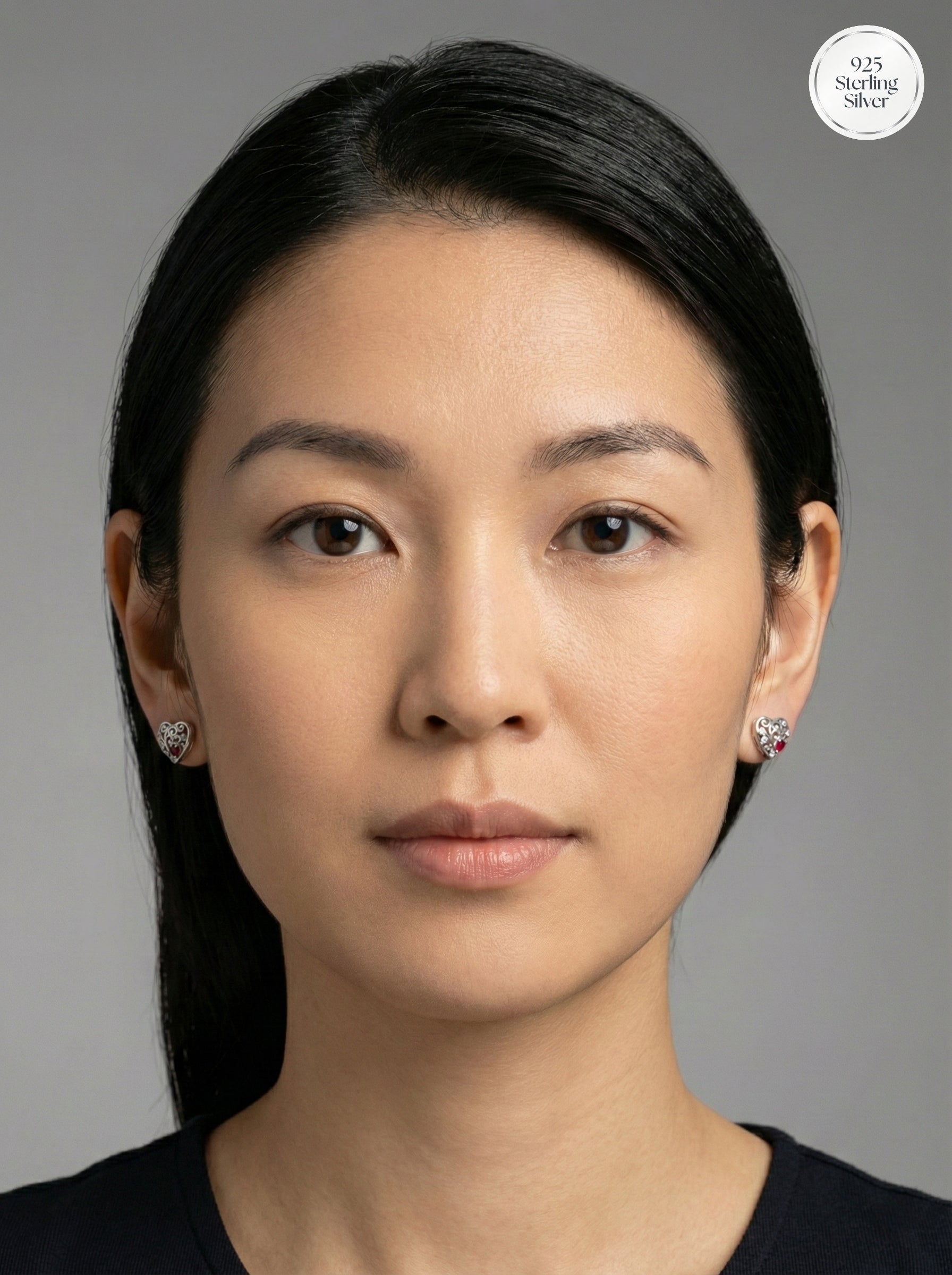 Filigree Heart Silver Earrings with Ruby