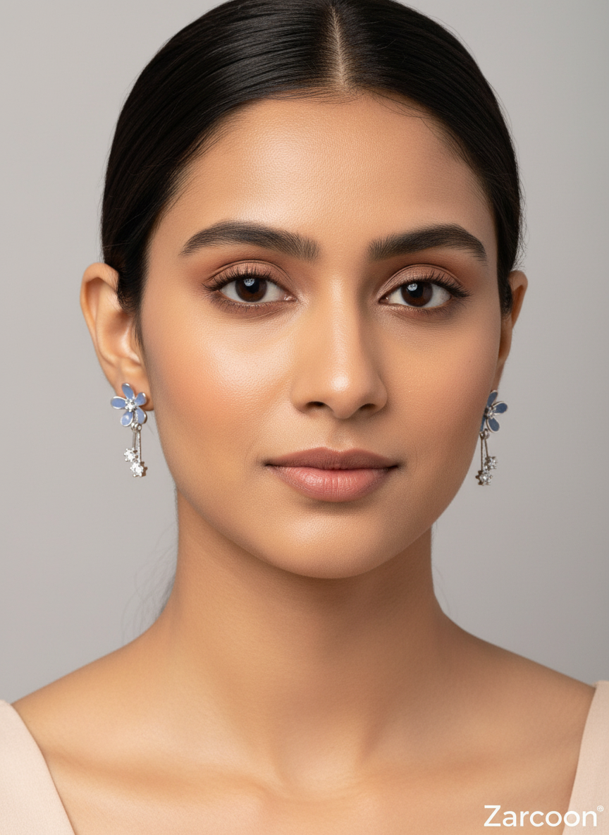 Blue Flower Drop Earrings - Silver 925